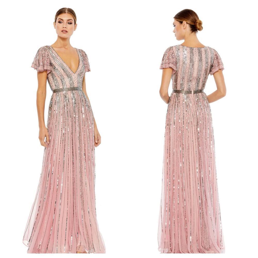 Mac Duggal Stripe Lined Sequin V-Neck Gown Rose Pink Size 4 NWT